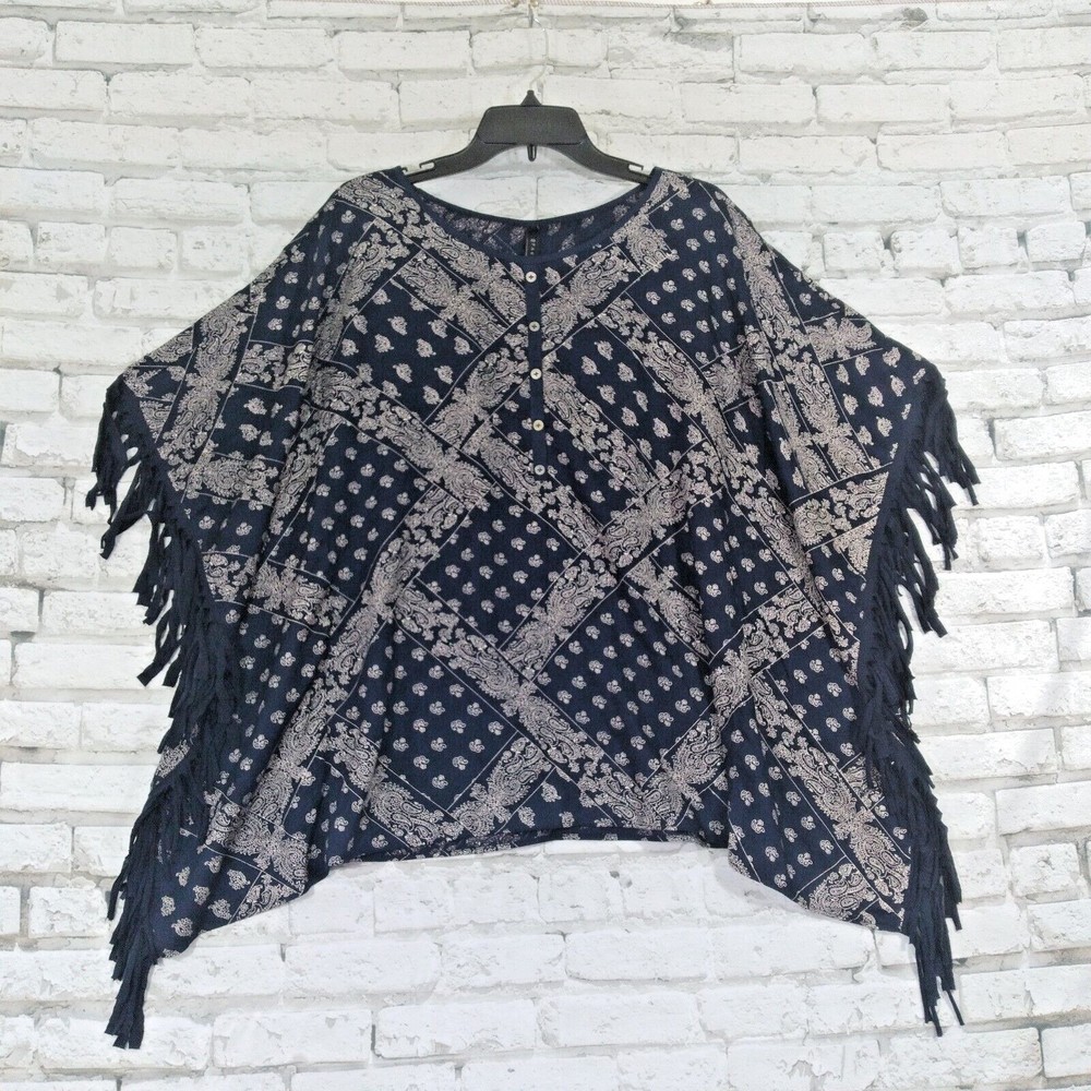 Taurus Poncho Womens Medium Blue Paisley Boho Lagenlook Fringe Boho Top